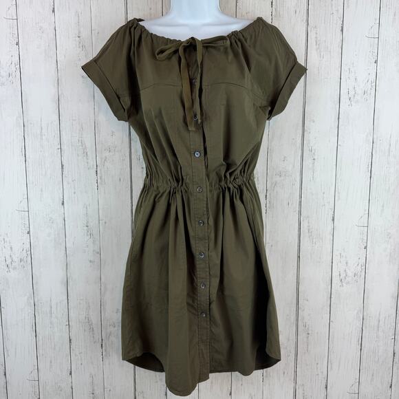 Theory Military Green Laela Cotton Mini Shirt Dress Drawstring Waist Size 4 - Picture 2 of 15